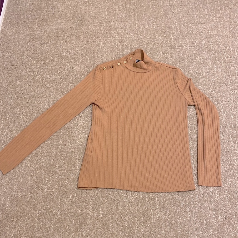 MNG Camel Tan Button Up Mock Neck Ribbed Sweater